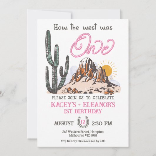 レトロツインの女の子どのように西は1歳の誕生日だった 招待状 (正面)