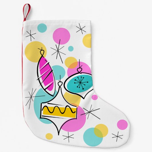 レトロツリーボーブルストッキングレッドバック スモールクリスマスストッキング (正面)