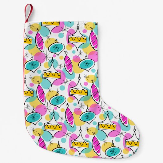 レトロツリーボーブル数々のストッキングレッドバック スモールクリスマスストッキング (正面)