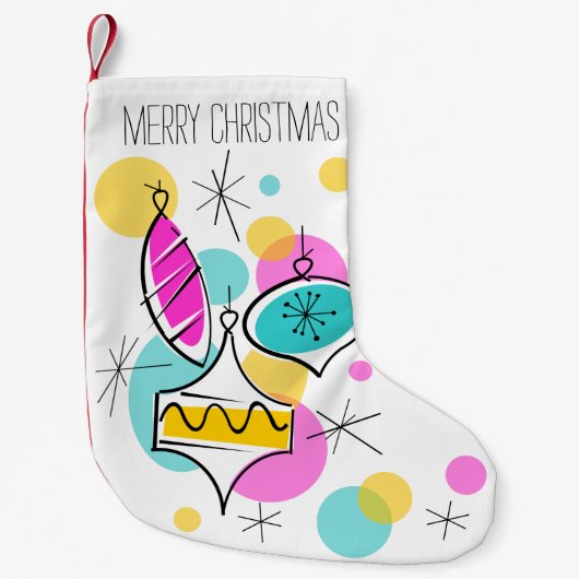 レトロツリーボーブル文字ストッキングレッドバック スモールクリスマスストッキング (正面)