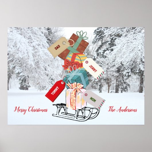 レトロツリー冬のヴィンテージファミリーメリークリスマス ポスター (正面)