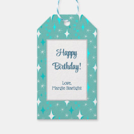 レトロティール（緑がかった色）とホワイトスターパターン編集可能 ギフトタグ