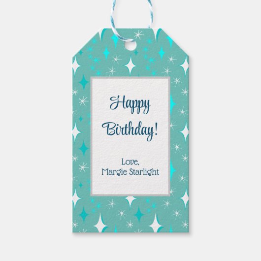 レトロティール(緑がかった色)とホワイトスターパターン編集可能 ギフトタグ (正面)