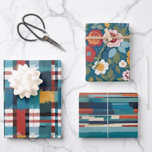 レトロティール(緑がかった色)のプレイドフローラと3のラインセット ラッピングペーパーシート (正面)