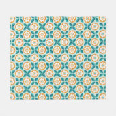 レトロティール（緑がかった色）アクアオレンジフローラ幾何学模様 フリースブランケット (正面(横))