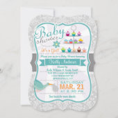 レトロティール(緑がかった色)コウノトリ;ライトグレーダマスクベイビーシャワー 招待状 (正面)