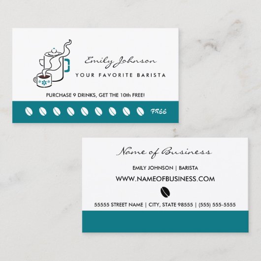 レトロティール(緑がかった色)コーヒーポットバリスタロイヤリティパンチカード ロイヤリティカード (正面/裏面)