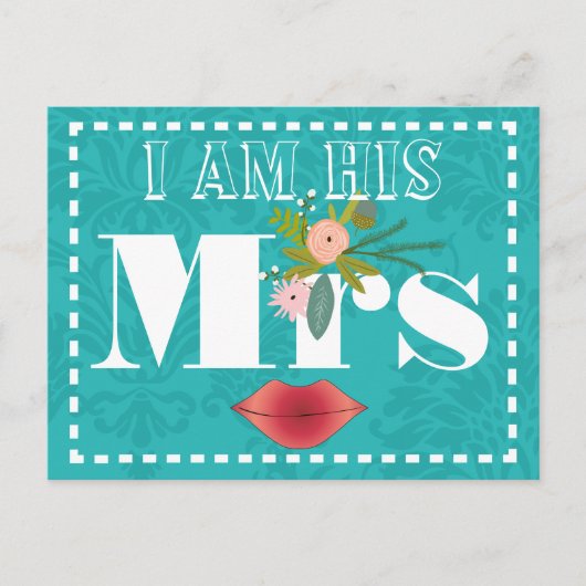 レトロティール（緑がかった色）ピンクコーラルレッドダマスウェディング ポストカード (正面)