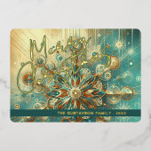 レトロティール(緑がかった色)ブルー抽象芸術スノーフレークフローラアート金ゴールド 箔シーズンカード (正面)