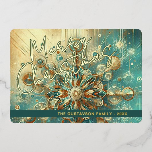 レトロティール（緑がかった色）ブルー抽象芸術スノーフレークフローラアート金ゴールド 箔シーズンカード (正面)