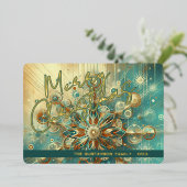 レトロティール（緑がかった色）ブルー抽象芸術スノーフレークフローラアート金ゴールド 箔シーズンカード (立ち正面)