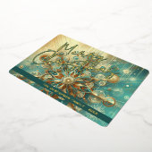レトロティール(緑がかった色)ブルー抽象芸術スノーフレークフローラアート金ゴールド 箔シーズンカード (回転した状態)