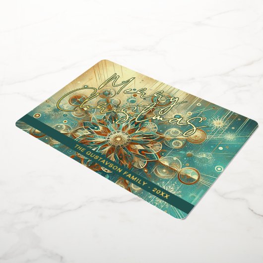 レトロティール（緑がかった色）ブルー抽象芸術スノーフレークフローラアート金ゴールド 箔シーズンカード (回転した状態)