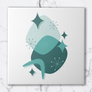 レトロティール（緑がかった色）ミッドセンチュリー原子時代抽象芸術 タイル