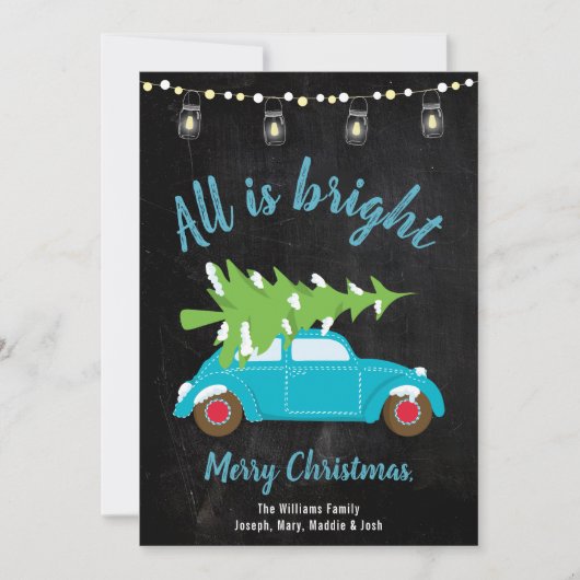 レトロティール(緑がかった色)車のツリーとライトすべて明るい シーズンカード (正面)
