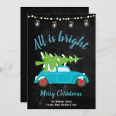 レトロティール(緑がかった色)車のツリーとライトすべて明るい シーズンカード (正面/裏面)