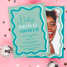 レトロティール（緑がかった色）青色曲線斜線ブライダルシャワー 招待状