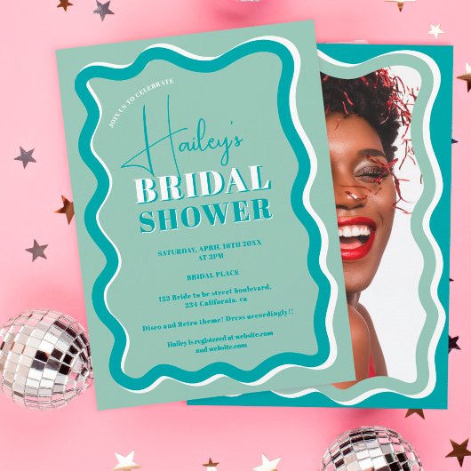 レトロティール(緑がかった色)青色曲線斜線ブライダルシャワー 招待状