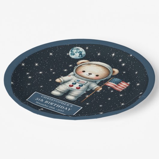 レトロテディベア宇宙飛行士の最初の誕生日パーティー ペーパープレート (アングル)