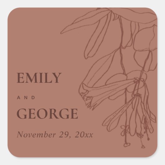 レトロテラコッタラストラインスケッチ結婚フローラ スクエアシール (正面)