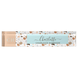 レトロテラゾモザイクアーストーンパターモノグラム デスクネームプレート