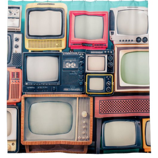 レトロテレビ受信機セット(60年代、70年代、80年代) シャワーカーテン (正面)