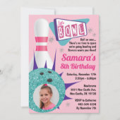 レトロテンピンボーリングパーティーのピンク&ティール(緑がかった色)写真 招待状 (正面)