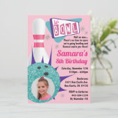 レトロテンピンボーリングパーティーのピンク&ティール(緑がかった色)写真 招待状 (スタンド正面)