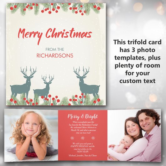 レトロディアホリー3フォトクリスマスカード3枚 三つ折りクリスマスカード
