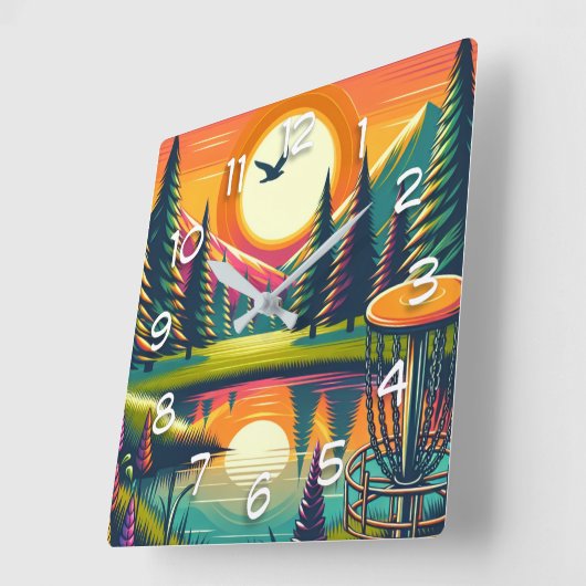 レトロディスクゴルフサンセットと木 スクエア壁時計 (傾斜)