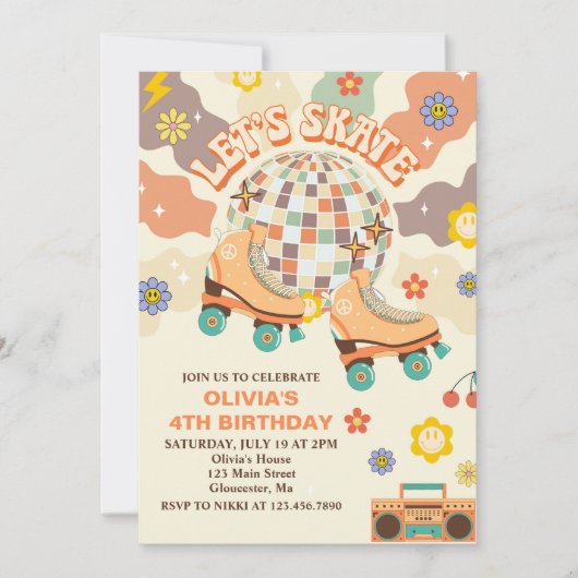 レトロディスコのローラースケートでスケートしよう4歳の誕生日 招待状 (正面)