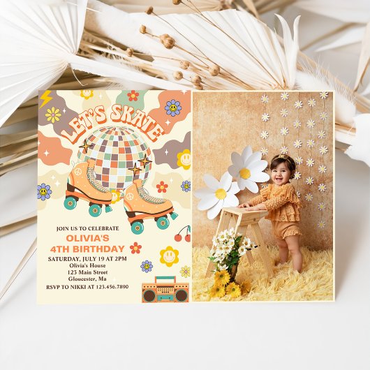 レトロディスコのローラースケートでスケートしよう4歳の誕生日 招待状