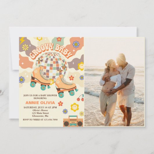 レトロディスコのローラースケート赤ちゃんシャワーパーティー写真 招待状 (正面)
