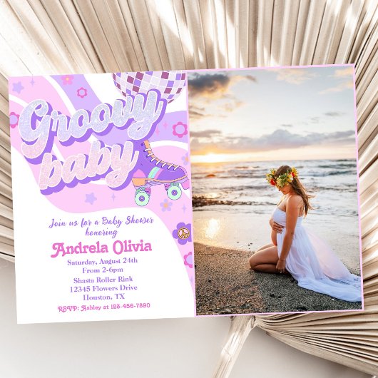 レトロディスコのローラースケート赤ちゃんシャワーパーティー写真 招待状