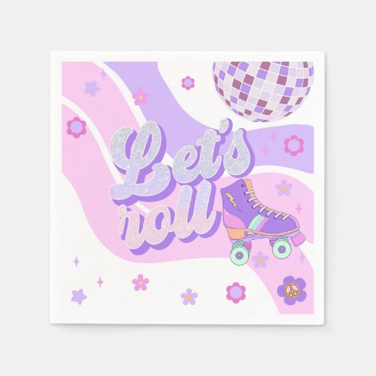 レトロディスコのローラースケート転がレッツ第1誕生日 スタンダードカクテルナプキン (正面)