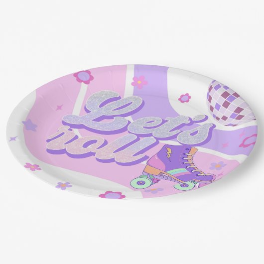 レトロディスコのローラースケート転がレッツ第1誕生日 ペーパープレート (アングル)