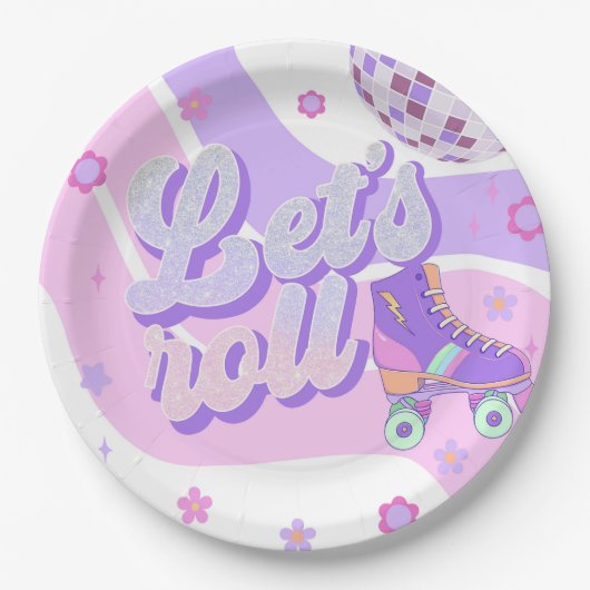 レトロディスコのローラースケート転がレッツ第1誕生日 ペーパープレート (正面)