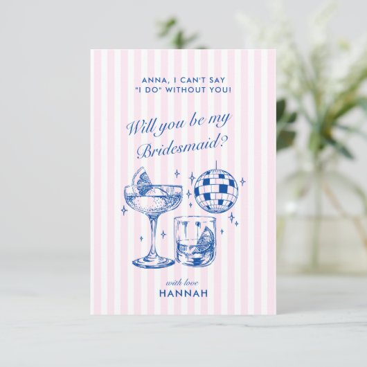 レトロディスココーラブルー＆ピンクの独身最後の夜 招待状 (スタンド正面)