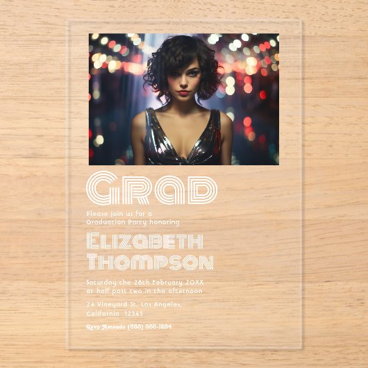 レトロディスコタイポグラフィ卒業パーティー写真 アクリル招待状 (正面)