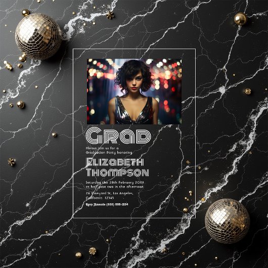 レトロディスコタイポグラフィ卒業パーティー写真 アクリル招待状