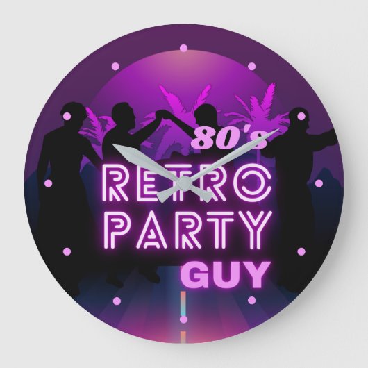 レトロディスコダンスパーティー紫のネオンサイン  ラージ壁時計 (正面)