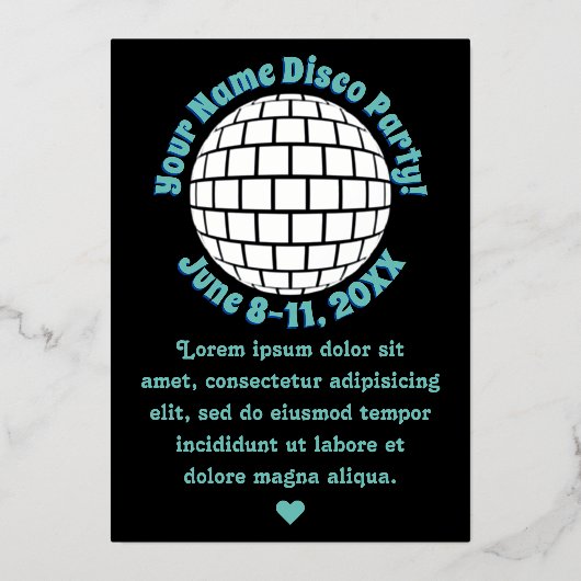 レトロディスコパーソナライズされたボール銀 箔招待状 (正面)