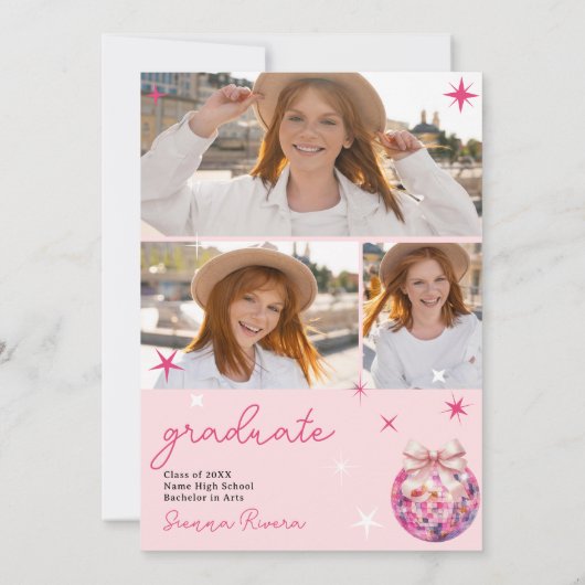 レトロディスコピンクボウ3枚の写真卒業パーティー 招待状 (裏面)