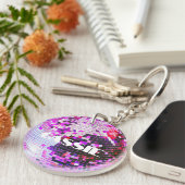 レトロディスコボールスパークルグリッターピンク誕生日 キーホルダー (正面右)