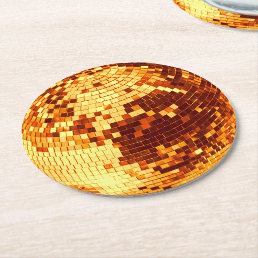 レトロディスコボールスパークルグリッター金ゴールド誕生日 ラウンドペーパーコースター (アングル)