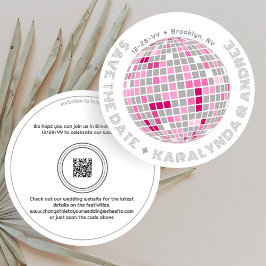 レトロディスコボールピンクとグレー結婚ラウンド セーブザデート