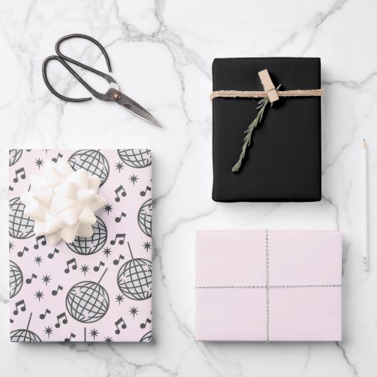 レトロディスコボールピンク&ブラックミュージカル包装 ラッピングペーパーシート (正面)