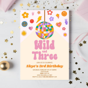 レトロディスコボールワイルドと3歳の誕生日パーティー 招待状