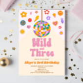 レトロディスコボールワイルドと3歳の誕生日パーティー 招待状