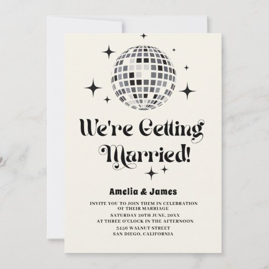 レトロディスコボール白黒QRコード結婚ズ 招待状 (正面)